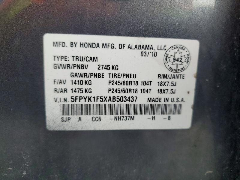 Продажа на аукционе авто 2010 Honda Ridgeline, vin: 5FPYK1F5XAB503437, номер лота: 79672135