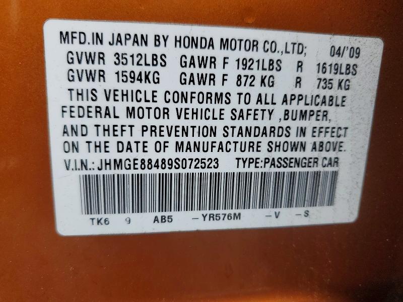 41585706 :رقم المزاد ، JHMGE88489S072523 vin ، 2009 Honda Fit مزاد بيع