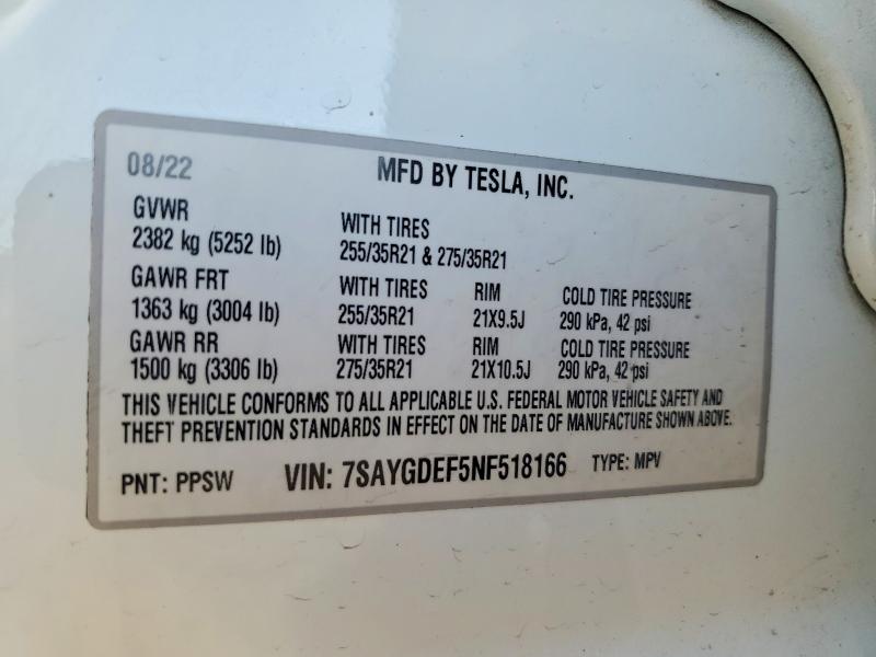 2022 Tesla Model Y მანქანა იყიდება აუქციონზე, vin: 7SAYGDEF5NF518166, აუქციონის ნომერი: 79342765