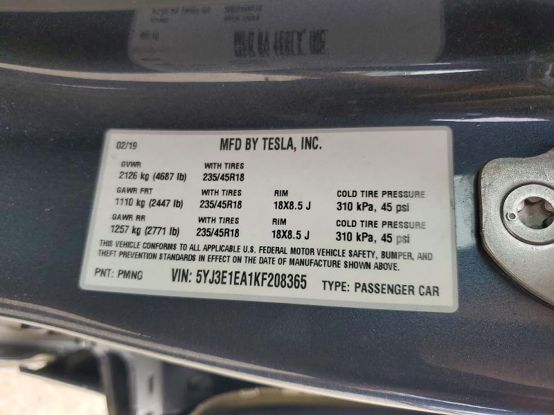 2019 Tesla Model 3 მანქანა იყიდება აუქციონზე, vin: 5YJ3E1EA1KF208365, აუქციონის ნომერი: 79500535