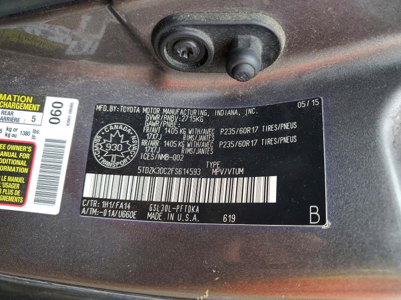 42063616 :رقم المزاد ، 5TDZK3DC2FS614593 vin ، 2015 Toyota Sienna مزاد بيع
