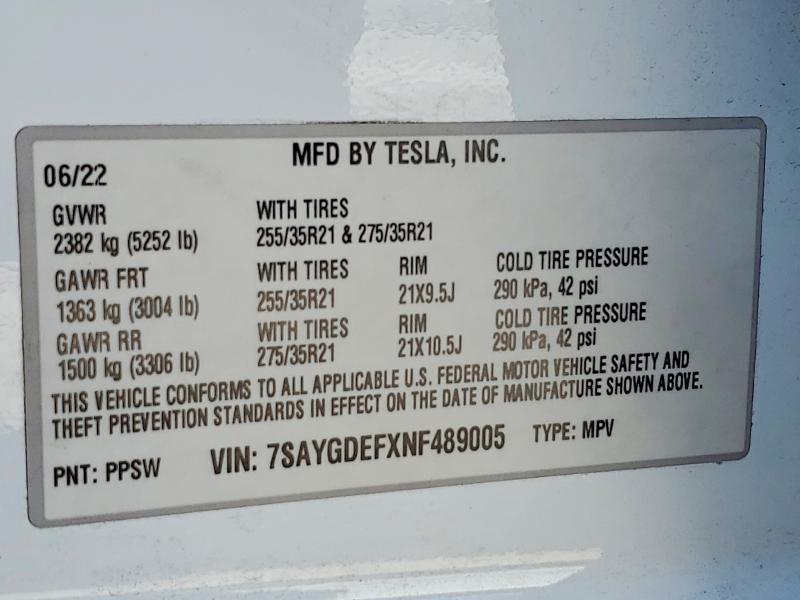 2022 Tesla Model Y მანქანა იყიდება აუქციონზე, vin: 7SAYGDEFXNF489005, აუქციონის ნომერი: 41816026