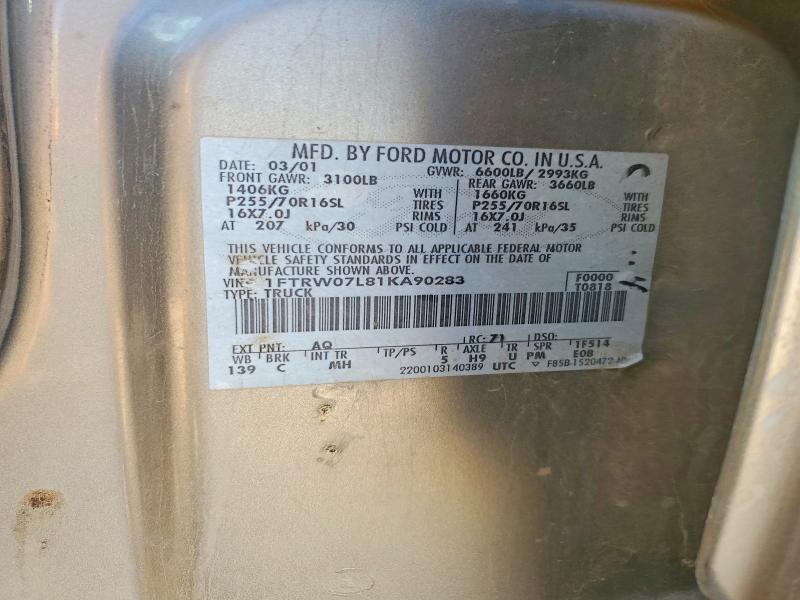 2001 Ford F-150 მანქანა იყიდება აუქციონზე, vin: 1FTRW07L81KA90283, აუქციონის ნომერი: 46593986