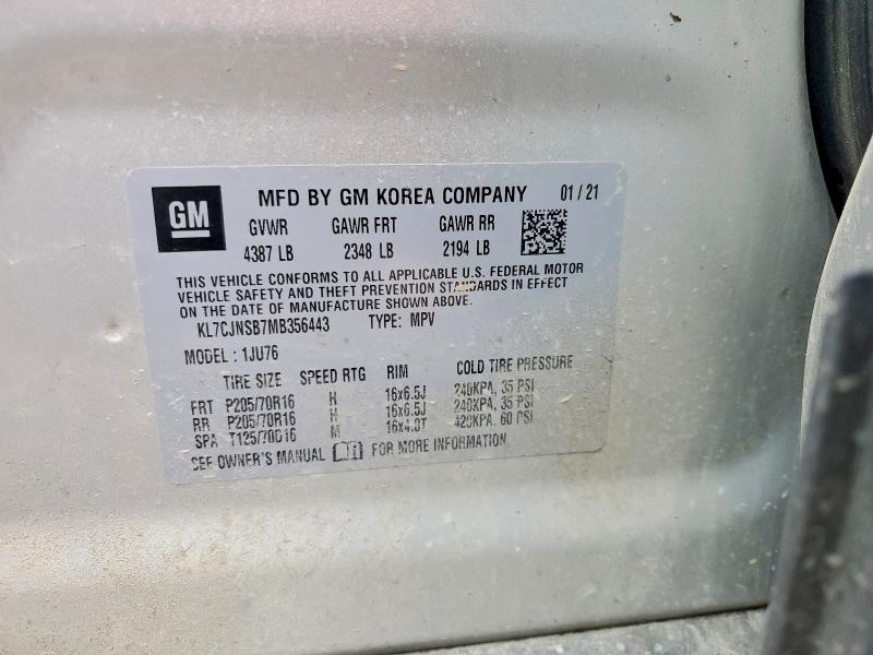 2021 Chevrolet Trax მანქანა იყიდება აუქციონზე, vin: KL7CJNSB7MB356443, აუქციონის ნომერი: 79349205