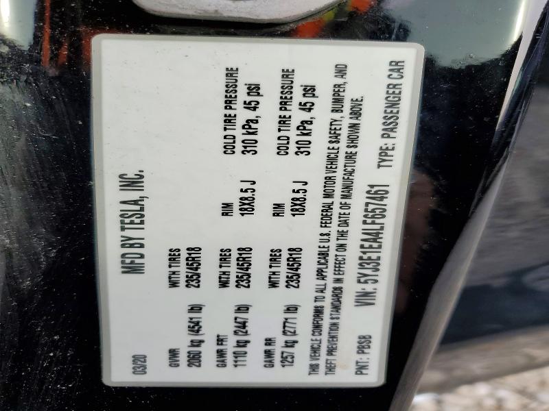 46438446 :رقم المزاد ، 5YJ3E1EA4LF657461 vin ، 2020 Tesla Model 3 مزاد بيع