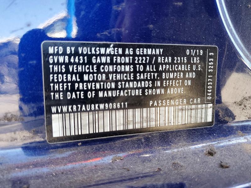 Aukcja sprzedaży 2019 Volkswagen E-golf, vin: WVWKR7AU8KW908611, numer aukcji: 46821326