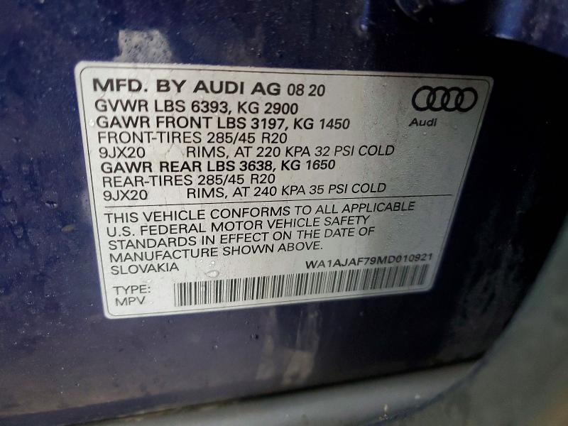 2021 Audi Q7 მანქანა იყიდება აუქციონზე, vin: WA1AJAF79MD010921, აუქციონის ნომერი: 46094836