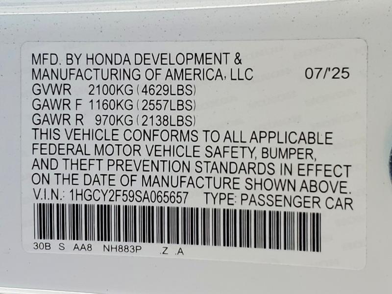 47277266 :رقم المزاد ، 1HGCY2F59SA065657 vin ، 2025 Honda Accord مزاد بيع