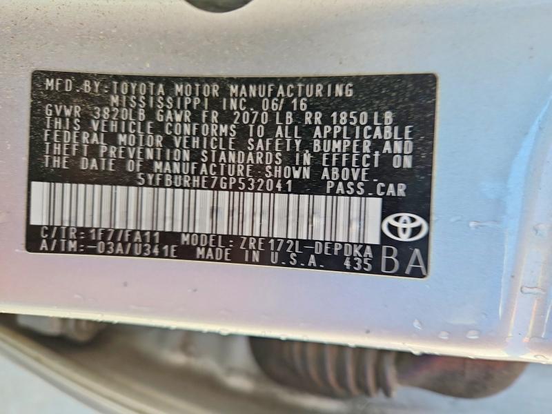 Продажа на аукционе авто 2016 Toyota Corolla, vin: 5YFBURHE7GP532041, номер лота: 46693156