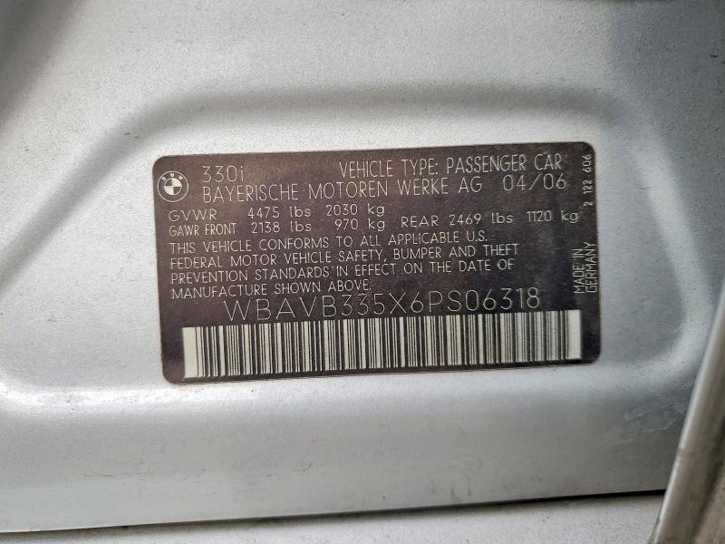 2006 Bmw 330 მანქანა იყიდება აუქციონზე, vin: WBAVB335X6PS06318, აუქციონის ნომერი: 45780156