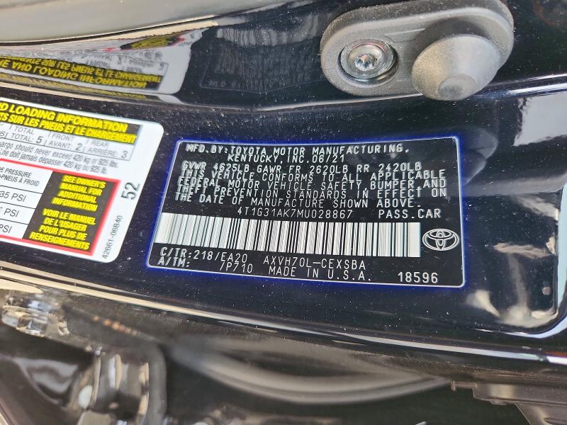 47422316 :رقم المزاد ، 4T1G31AK7MU028867 vin ، 2021 Toyota Camry Hybrid مزاد بيع