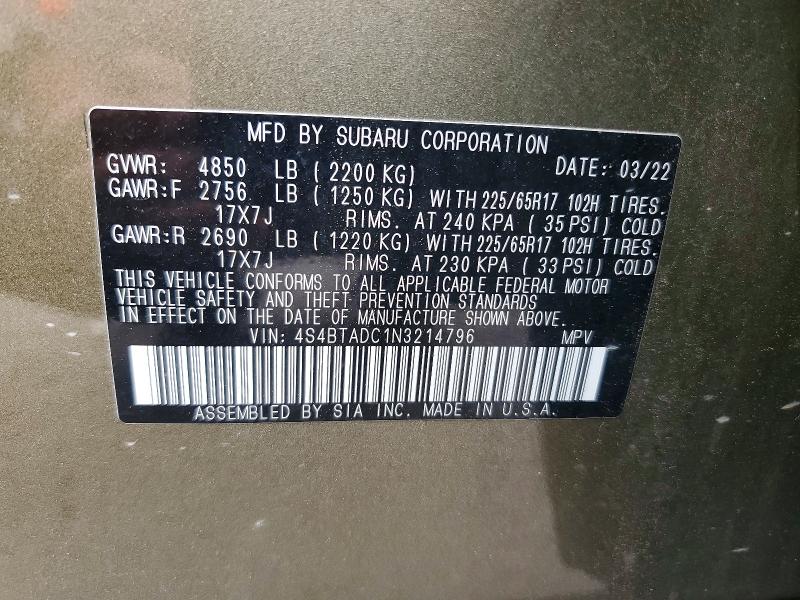 Продажа на аукционе авто 2022 Subaru Outback, vin: 4S4BTADC1N3214796, номер лота: 48281966