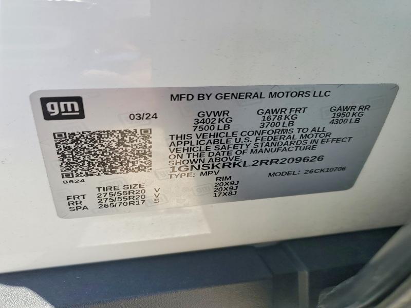 Aukcja sprzedaży 2024 Chevrolet Tahoe, vin: 1GNSKRKL2RR209626, numer aukcji: 46825626