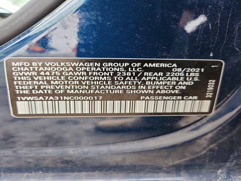 Aukcja sprzedaży 2022 Volkswagen Passat, vin: 1VWSA7A31NC000017, numer aukcji: 79219505