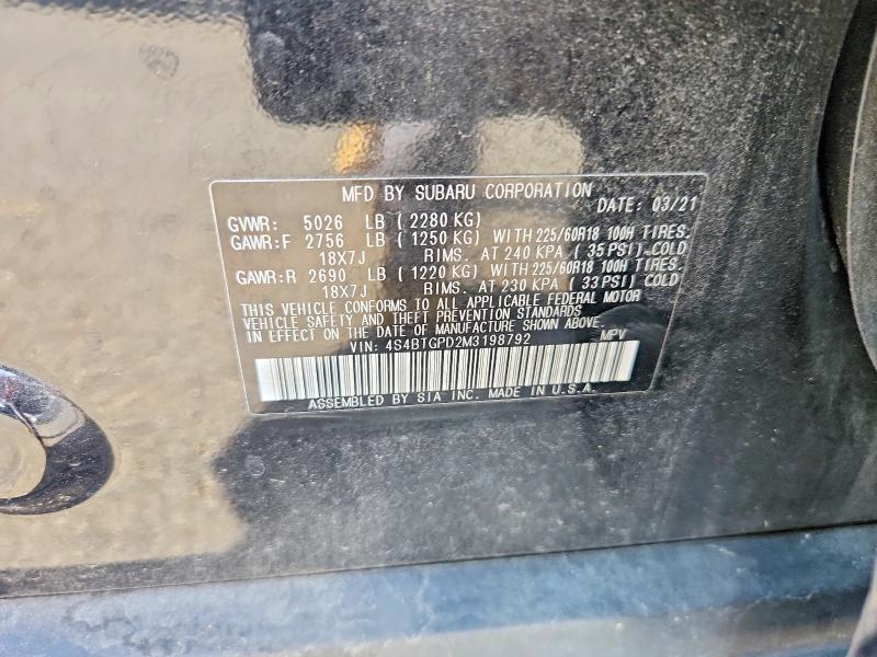 79669295 :رقم المزاد ، 4S4BTGPD2M3198792 vin ، 2021 Subaru Outback مزاد بيع