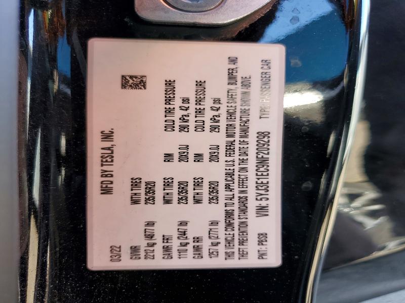 2022 Tesla Model 3 მანქანა იყიდება აუქციონზე, vin: 5YJ3E1EC9NF209298, აუქციონის ნომერი: 46054266