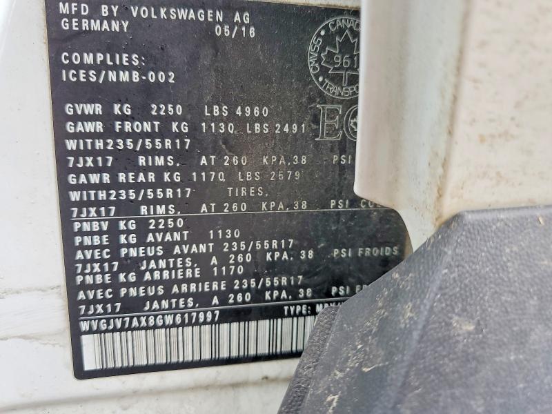 Продаж на аукціоні авто 2016 Volkswagen Tiguan, vin: WVGJV7AX8GW617997, номер лоту: 41939916