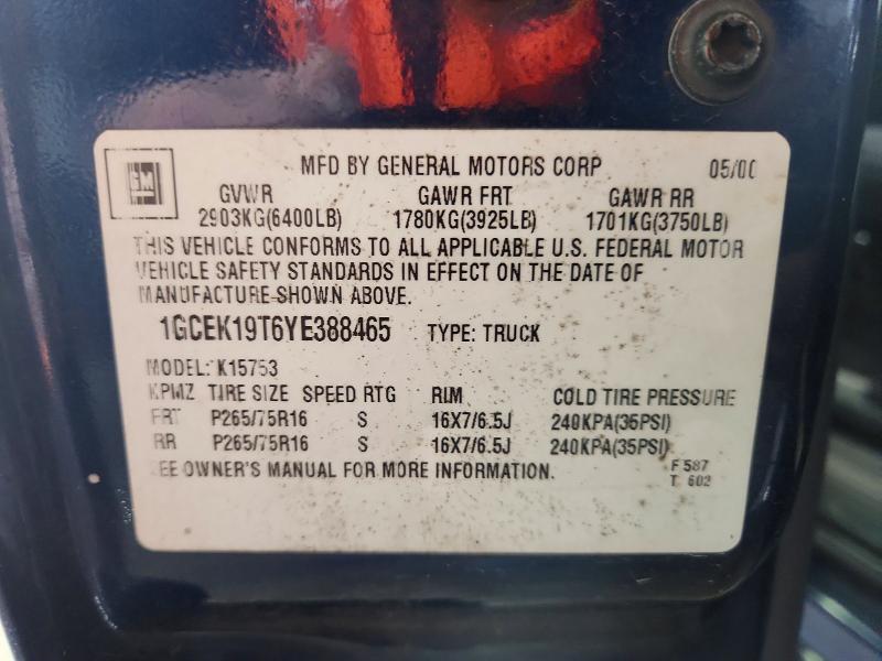 Продаж на аукціоні авто 2000 Chevrolet Silverado, vin: 1GCEK19T6YE388465, номер лоту: 41647506