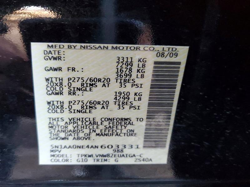 47319196 :رقم المزاد ، 5N1AA0NE4AN603331 vin ، 2010 Nissan Armada مزاد بيع