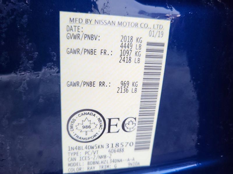 47801916 :رقم المزاد ، 1N4BL4DW5KN318570 vin ، 2019 Nissan Altima مزاد بيع