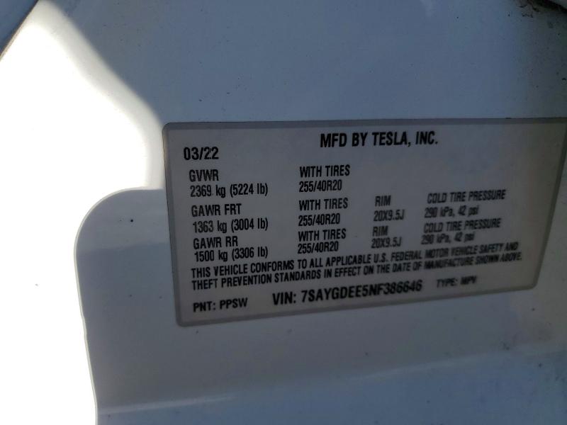 79655725 :رقم المزاد ، 7SAYGDEE5NF386646 vin ، 2022 Tesla Model Y مزاد بيع