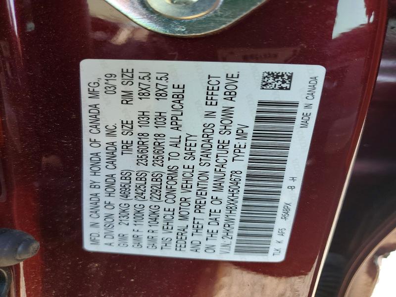 47424166 :رقم المزاد ، 2HKRW1H8XKH504678 vin ، 2019 Honda Cr-v مزاد بيع