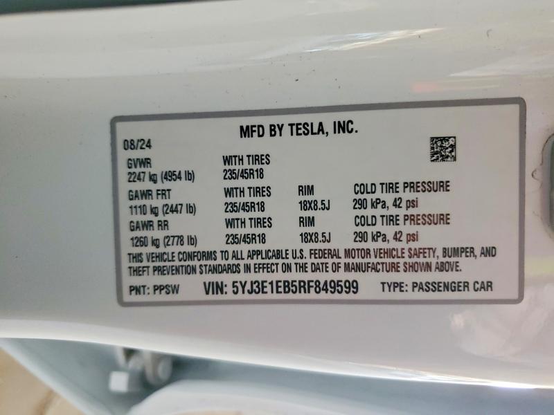 Aukcja sprzedaży 2024 Tesla Model 3, vin: 5YJ3E1EB5RF849599, numer aukcji: 79470145