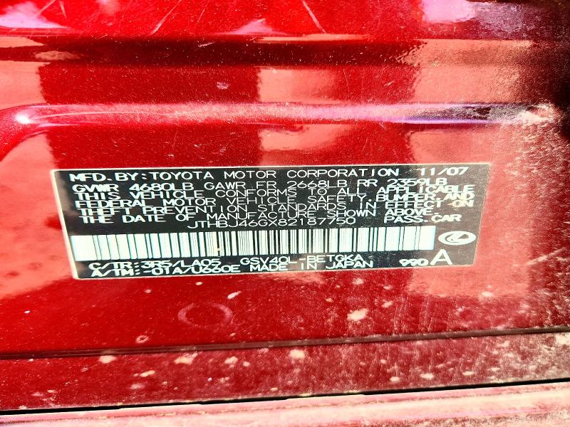 79455865 :رقم المزاد ، JTHBJ46GX82187750 vin ، 2008 Lexus Es 350 مزاد بيع