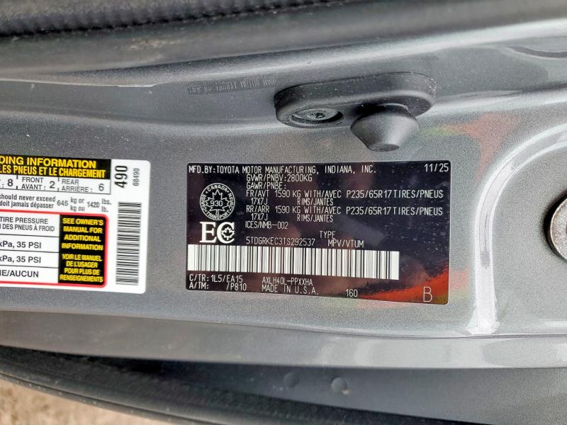 Aukcja sprzedaży 2026 Toyota Sienna, vin: 5TDGRKEC3TS292537, numer aukcji: 79890775