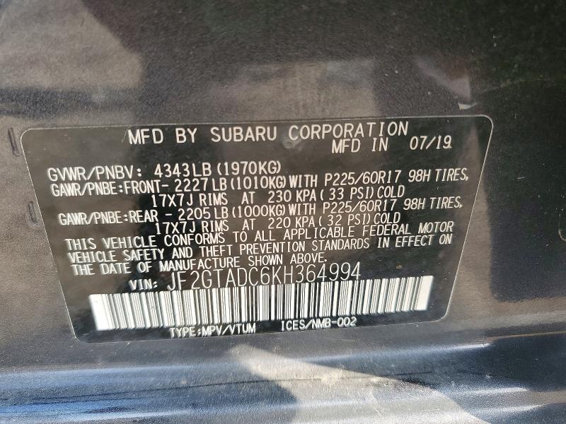 2019 Subaru Crosstrek მანქანა იყიდება აუქციონზე, vin: JF2GTADC6KH364994, აუქციონის ნომერი: 78381545
