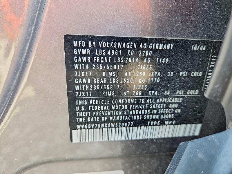 47627646 :رقم المزاد ، WVGBV75NX9W520977 vin ، 2009 Volkswagen Tiguan مزاد بيع