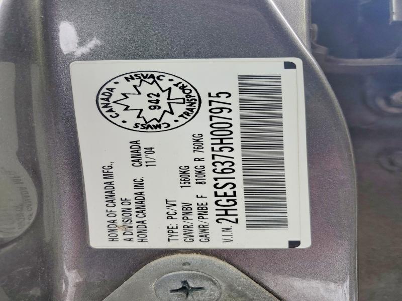 2005 Honda Civic მანქანა იყიდება აუქციონზე, vin: 2HGES16375H007975, აუქციონის ნომერი: 79521495