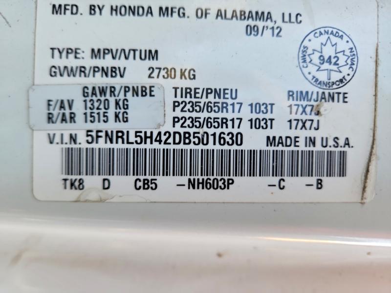 Aukcja sprzedaży 2013 Honda Odyssey, vin: 5FNRL5H42DB501630, numer aukcji: 47281756