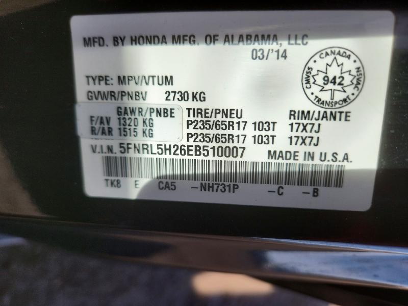 Aukcja sprzedaży 2014 Honda Odyssey, vin: 5FNRL5H26EB510007, numer aukcji: 46239566