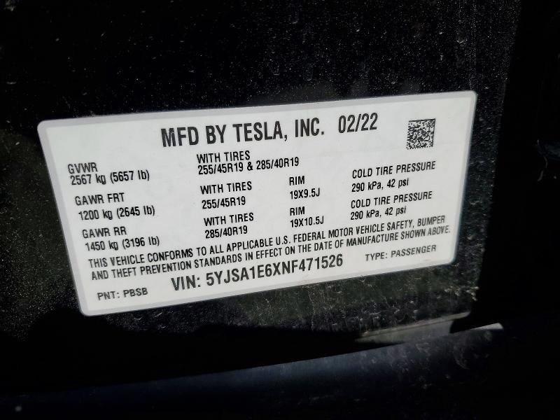 Продажа на аукционе авто 2022 Tesla Model S, vin: 5YJSA1E6XNF471526, номер лота: 48041016