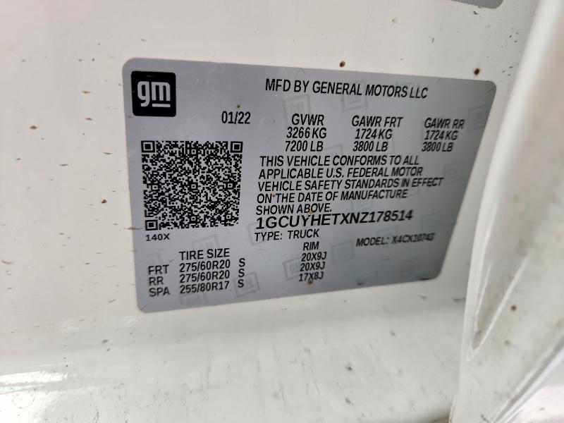 Aukcja sprzedaży 2022 Chevrolet Silverado Ltd, vin: 1GCUYHETXNZ178514, numer aukcji: 46056536