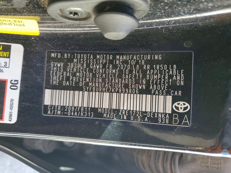 Aukcja sprzedaży 2019 Toyota Corolla, vin: 5YFBURHE7KP899806, numer aukcji: 46930936