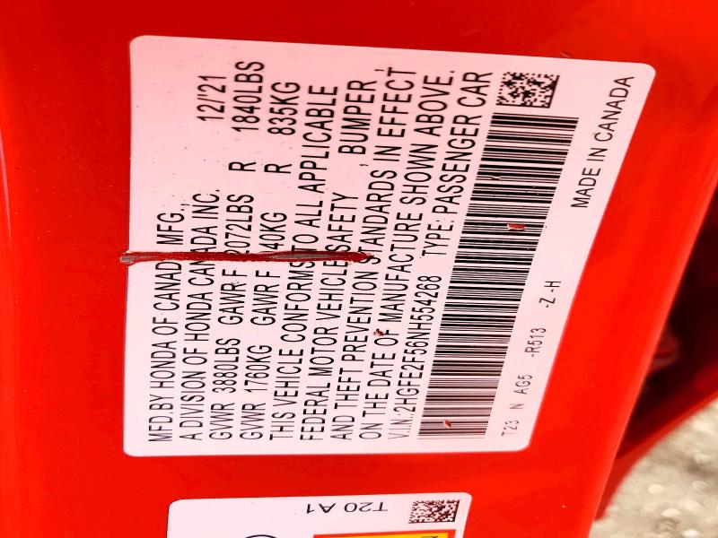2022 Honda Civic მანქანა იყიდება აუქციონზე, vin: 2HGFE2F56NH554268, აუქციონის ნომერი: 47736096