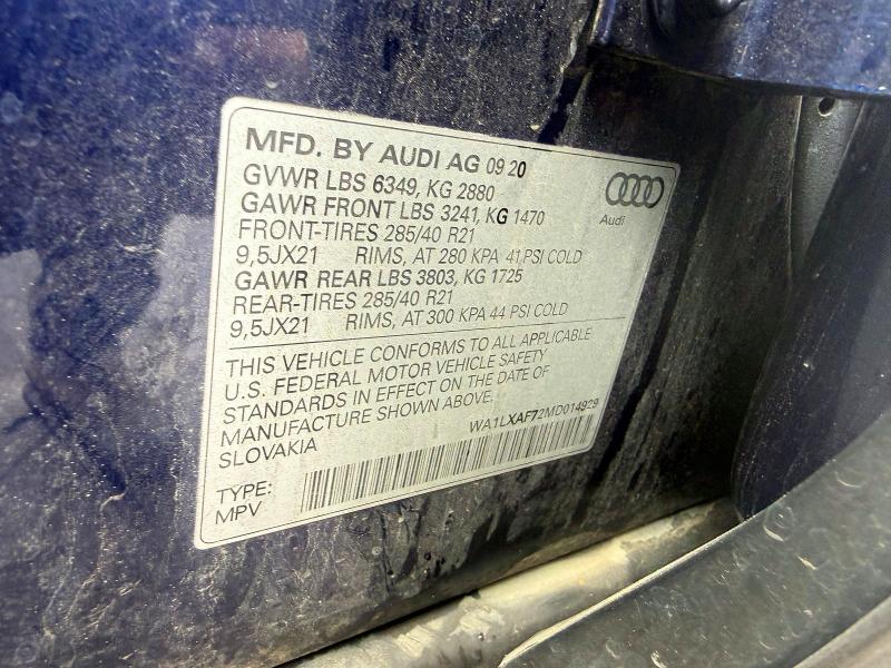 2021 Audi Q7 მანქანა იყიდება აუქციონზე, vin: WA1LXAF72MD014929, აუქციონის ნომერი: 48476106