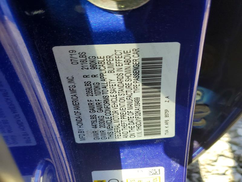 41948816 :رقم المزاد ، 1HGCV1F32KA139499 vin ، 2019 Honda Accord مزاد بيع