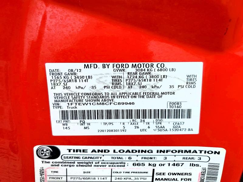 79593795 :رقم المزاد ، 1FTEW1CM8CFC89946 vin ، 2012 Ford F150 مزاد بيع