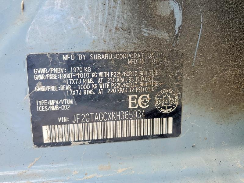 46616166 :رقم المزاد ، JF2GTAGCXKH365934 vin ، 2019 Subaru Crosstrek مزاد بيع
