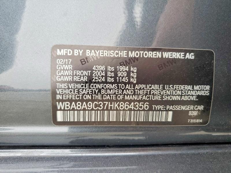 Продаж на аукціоні авто 2017 Bmw 320, vin: WBA8A9C37HK864356, номер лоту: 47108956