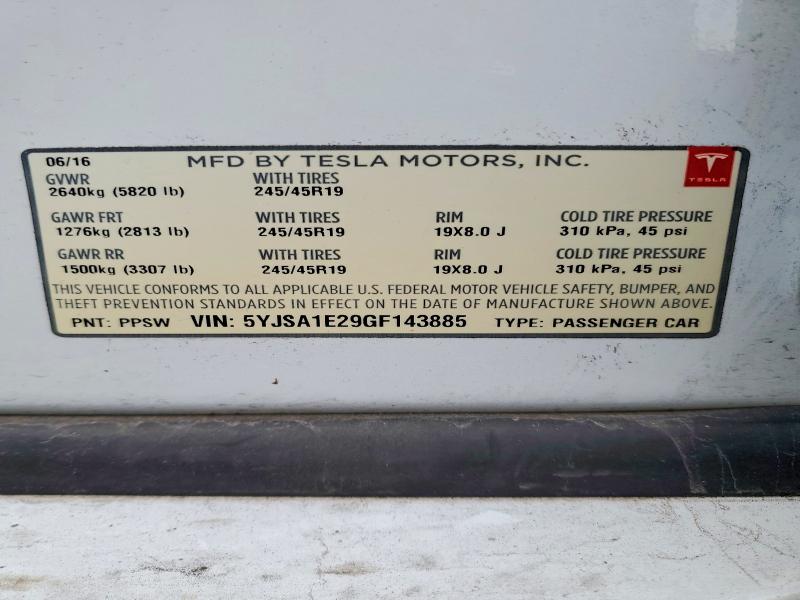 2016 Tesla Model S მანქანა იყიდება აუქციონზე, vin: 5YJSA1E29GF143885, აუქციონის ნომერი: 45873846