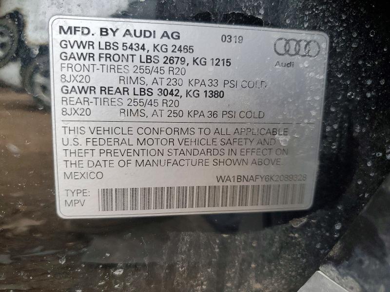 2019 Audi Q5 მანქანა იყიდება აუქციონზე, vin: WA1BNAFY6K2089328, აუქციონის ნომერი: 79762155