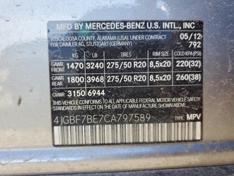 Продажа на аукционе авто 2012 Mercedes-benz Gl, vin: 4JGBF7BE7CA797589, номер лота: 47527596
