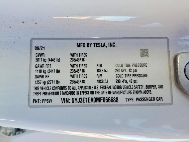 Продаж на аукціоні авто 2021 Tesla Model 3, vin: 5YJ3E1EA0MF066688, номер лоту: 79960165