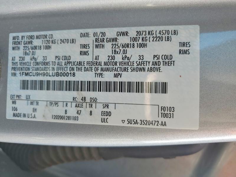 2020 Ford Escape მანქანა იყიდება აუქციონზე, vin: 1FMCU9H90LUB00018, აუქციონის ნომერი: 46501026