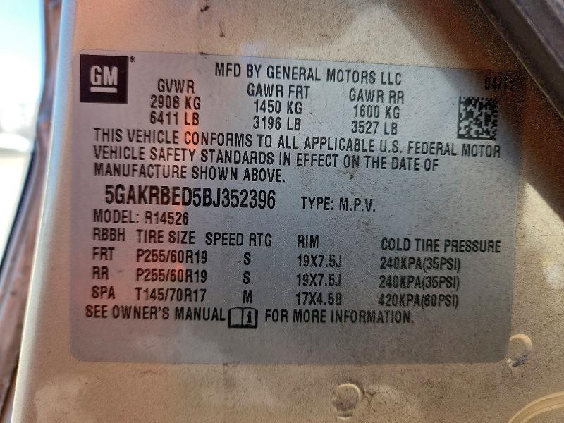 45815226 :رقم المزاد ، 5GAKRBED5BJ352396 vin ، 2011 Buick Enclave مزاد بيع
