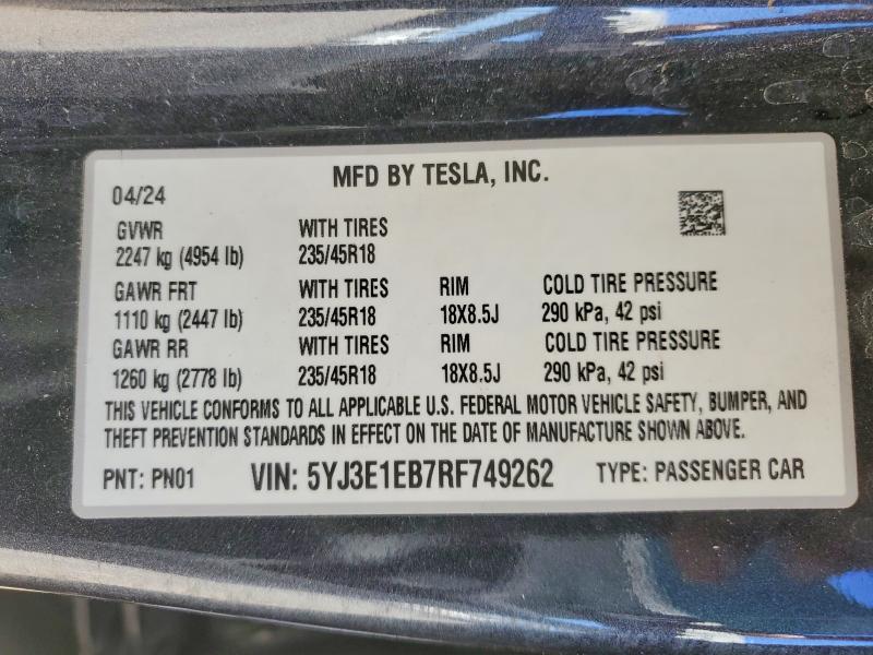 46127496 :رقم المزاد ، 5YJ3E1EB7RF749262 vin ، 2024 Tesla Model 3 مزاد بيع